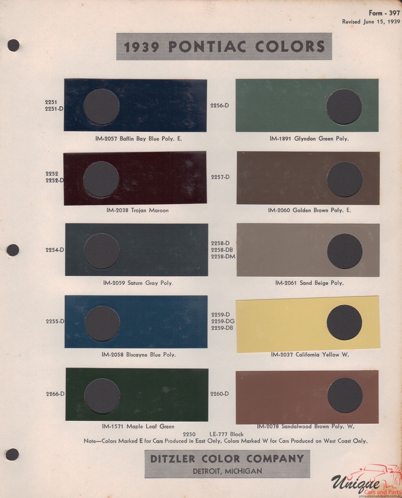 1939 Pontiac Paint Charts PPG 1